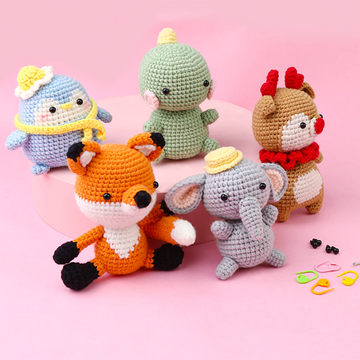 Kgxulr Unique Zoo Crochet Set-Elephant, Penguin, Fox, Deer, Dinosaur