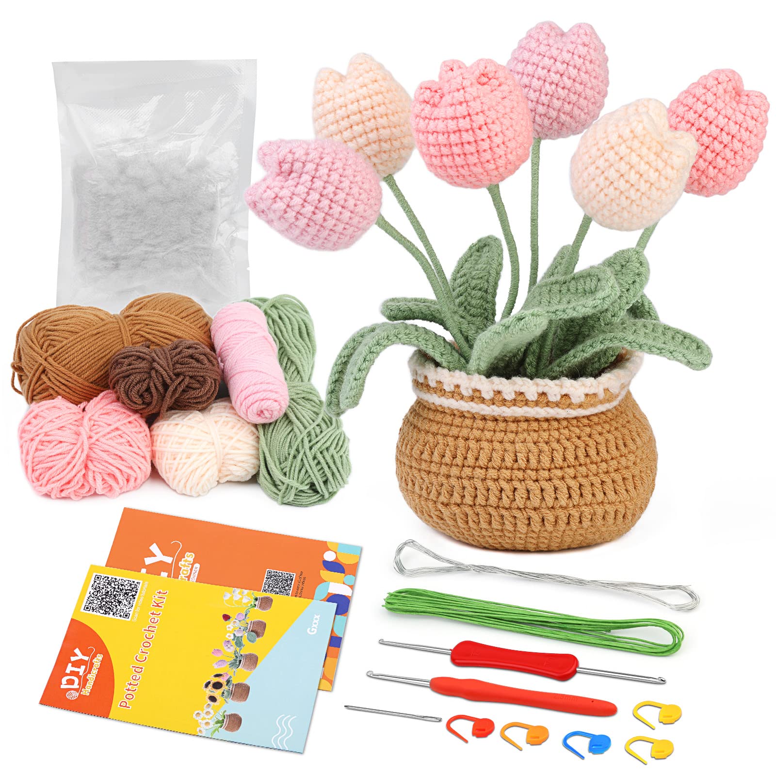 Crochet Kit for Beginners,1 Set Multicolored Potted Tulip Crochet Kits,with  Step-by-Step Video Tutorials,Beginner Crochet Starter Kit for Adults